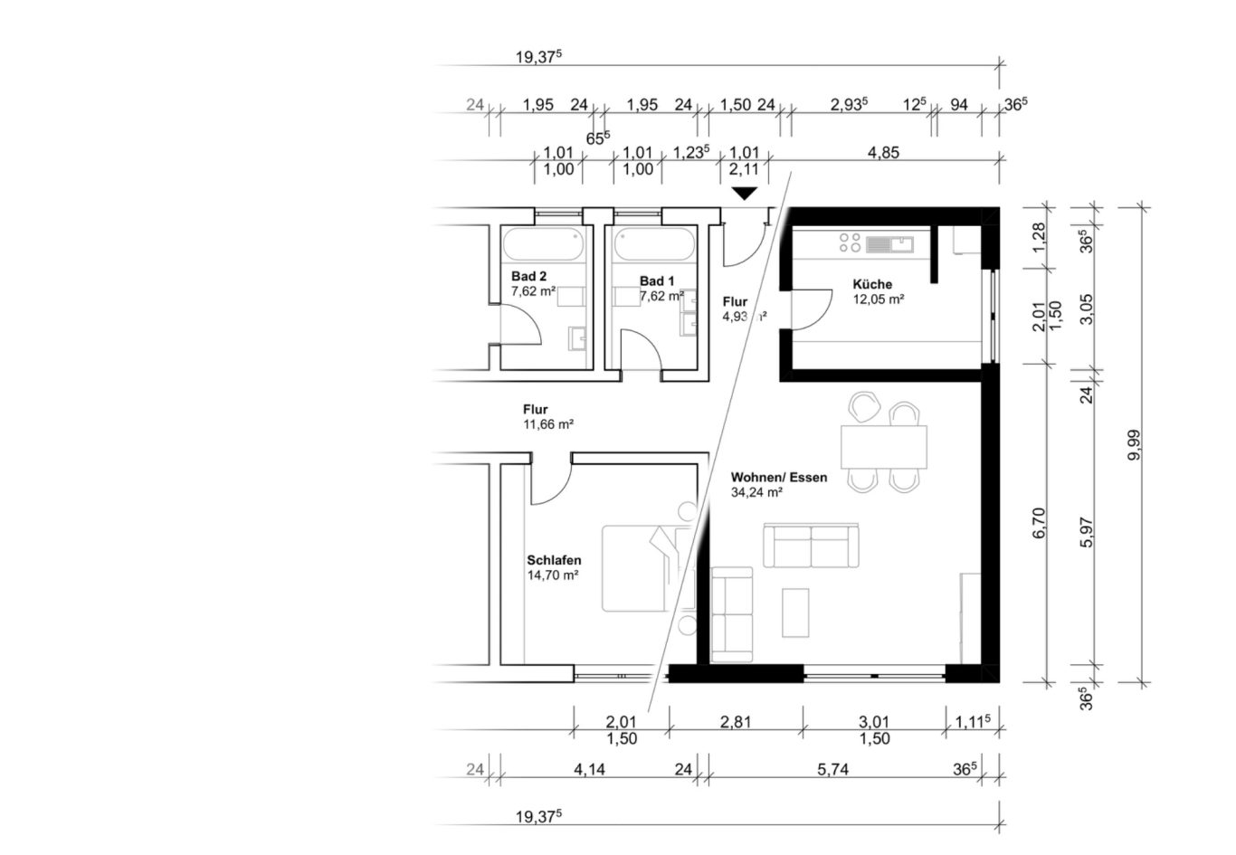 black/white + Möblierung mit Bemaßung
